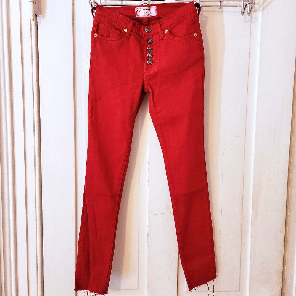 Free People Red Skinny Raw Hem Button Up Jeans
